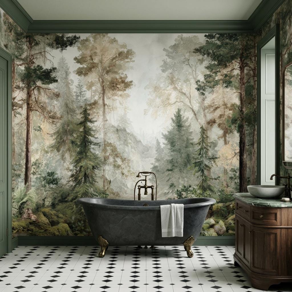 Forest Wallpaper, Watercolor Pine Tree Mural-WP0256