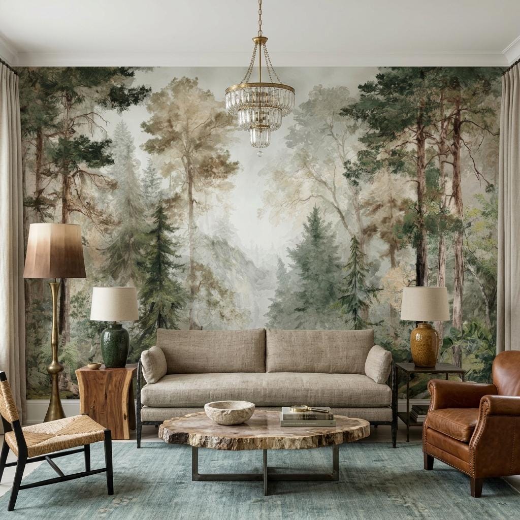 Forest Wallpaper, Watercolor Pine Tree Mural-WP0256