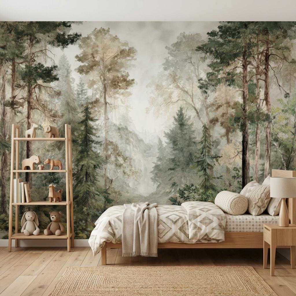Forest Wallpaper, Watercolor Pine Tree Mural-WP0256