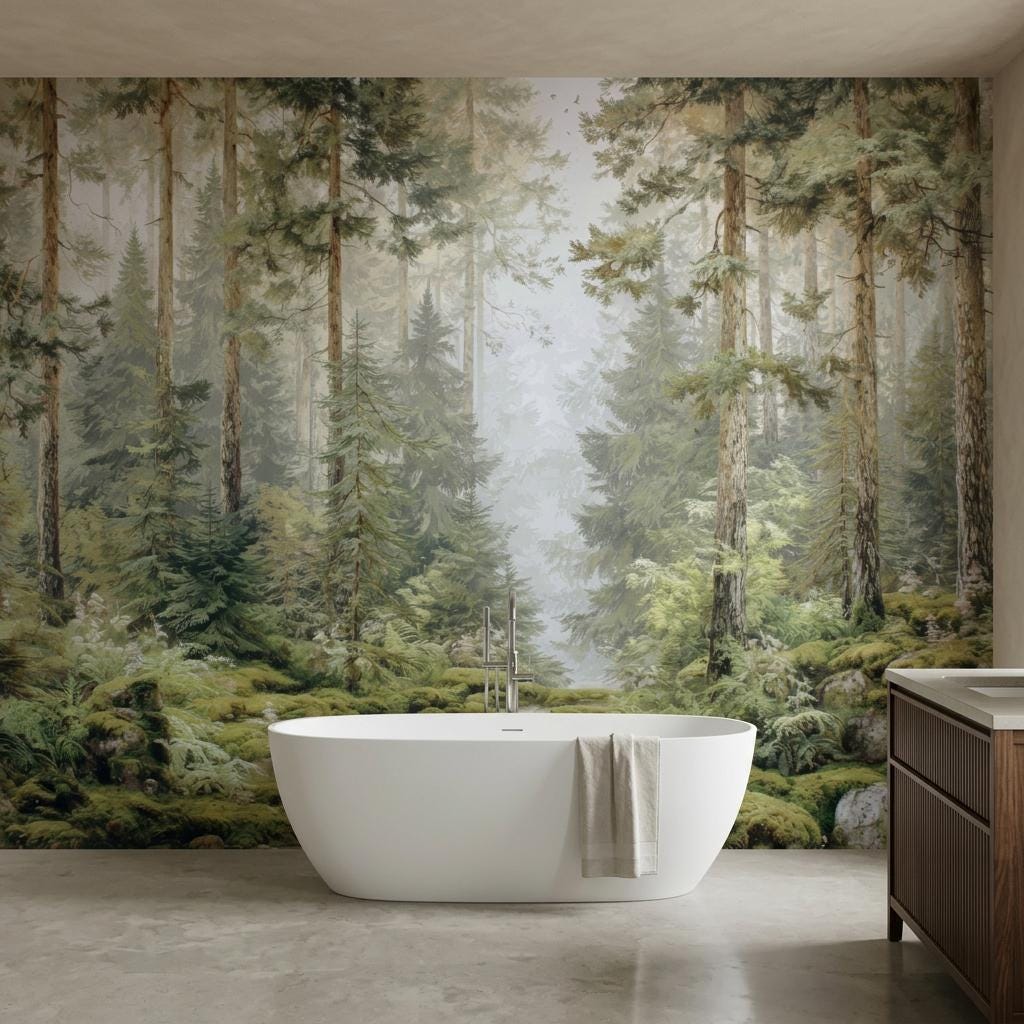 Misty Pine Forest Wallpaper, Scandi Woodland Mural-WP0257