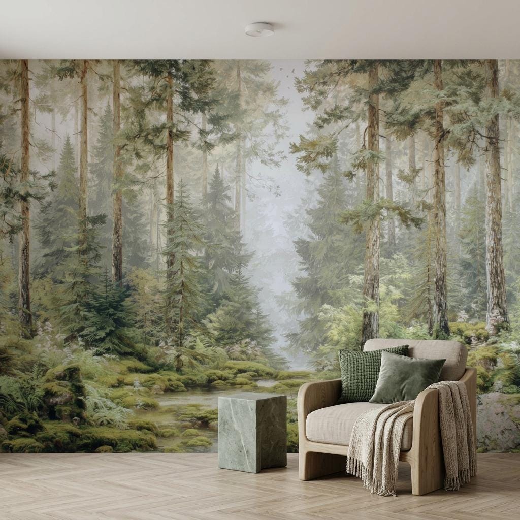 Misty Pine Forest Wallpaper, Scandi Woodland Mural-WP0257