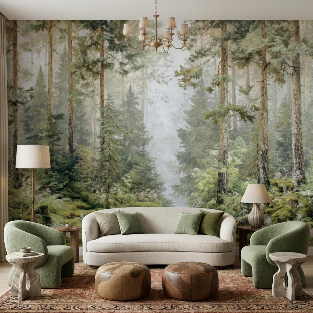 Misty Pine Forest Wallpaper, Scandi Woodland Mural-WP0257
