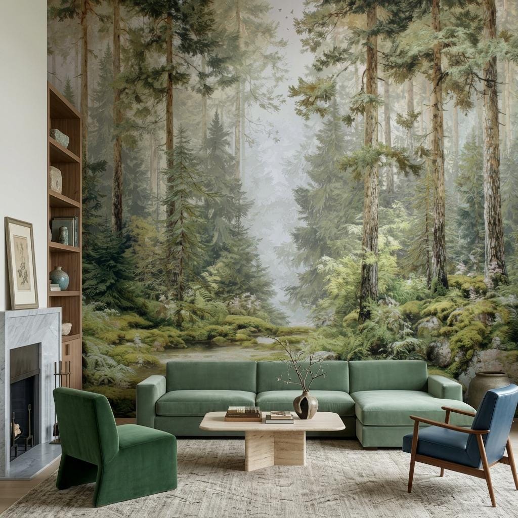Misty Pine Forest Wallpaper, Scandi Woodland Mural-WP0257