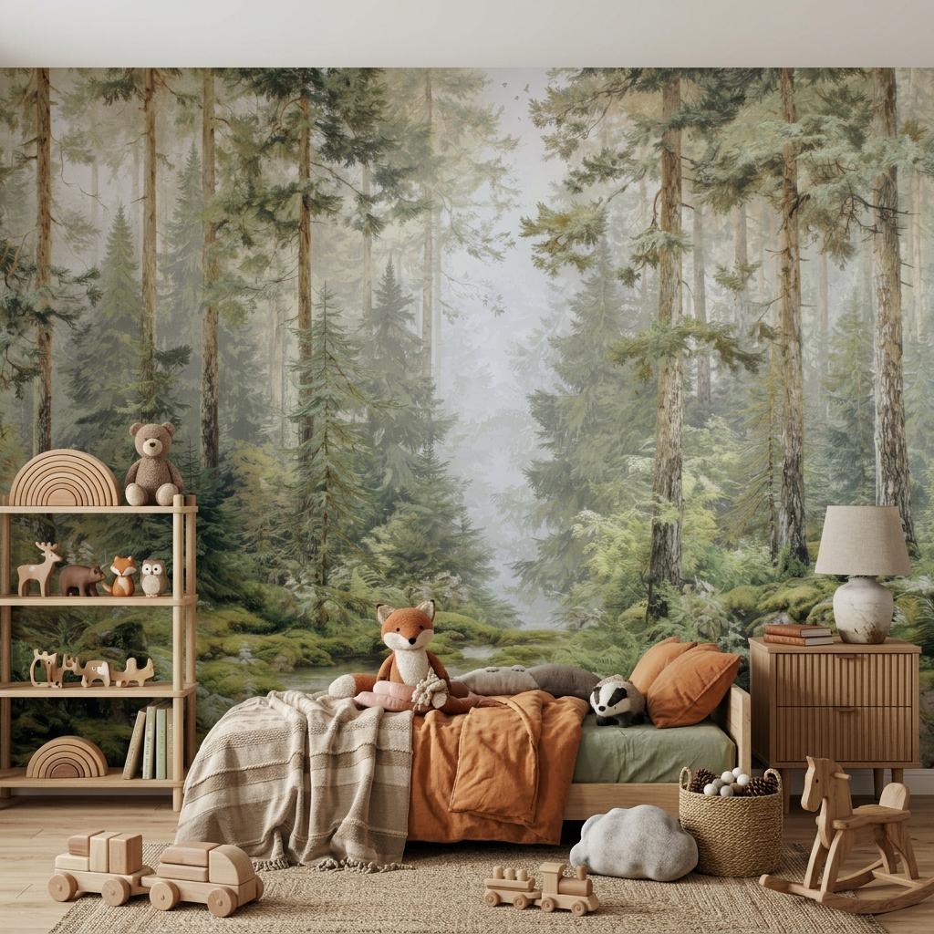 Misty Pine Forest Wallpaper, Scandi Woodland Mural-WP0257