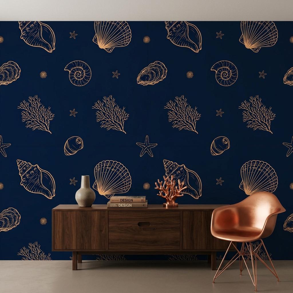 Navy Gold Seashell Wallpaper, Coastal Wall Mural,Peel Stick Home Decor-WP0235