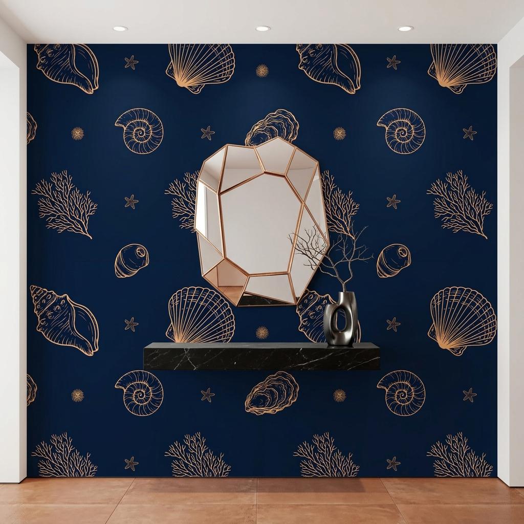 Navy Gold Seashell Wallpaper, Coastal Wall Mural,Peel Stick Home Decor-WP0235