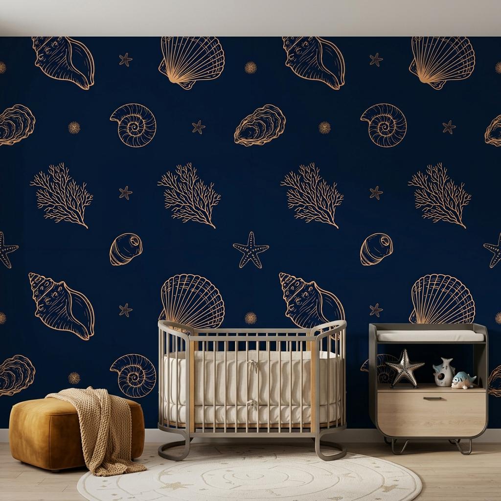 Navy Gold Seashell Wallpaper, Coastal Wall Mural,Peel Stick Home Decor-WP0235