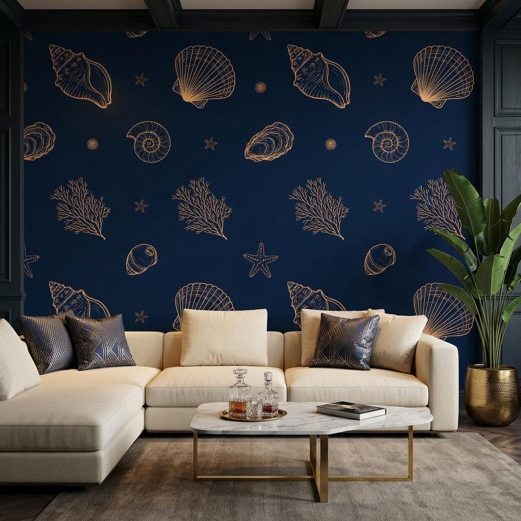Navy Gold Seashell Wallpaper, Coastal Wall Mural,Peel Stick Home Decor-WP0235