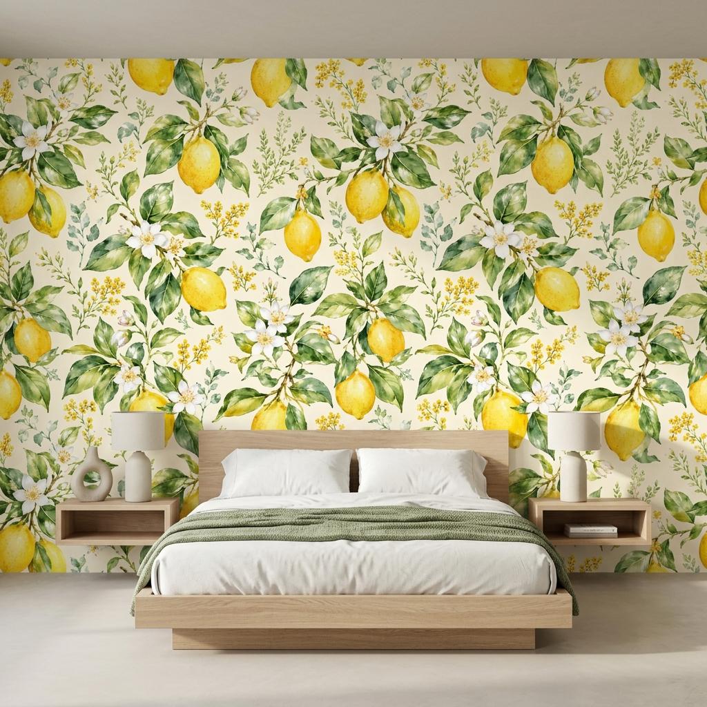 Lemon Wallpaper, Watercolor Citrus Mural-WP0259