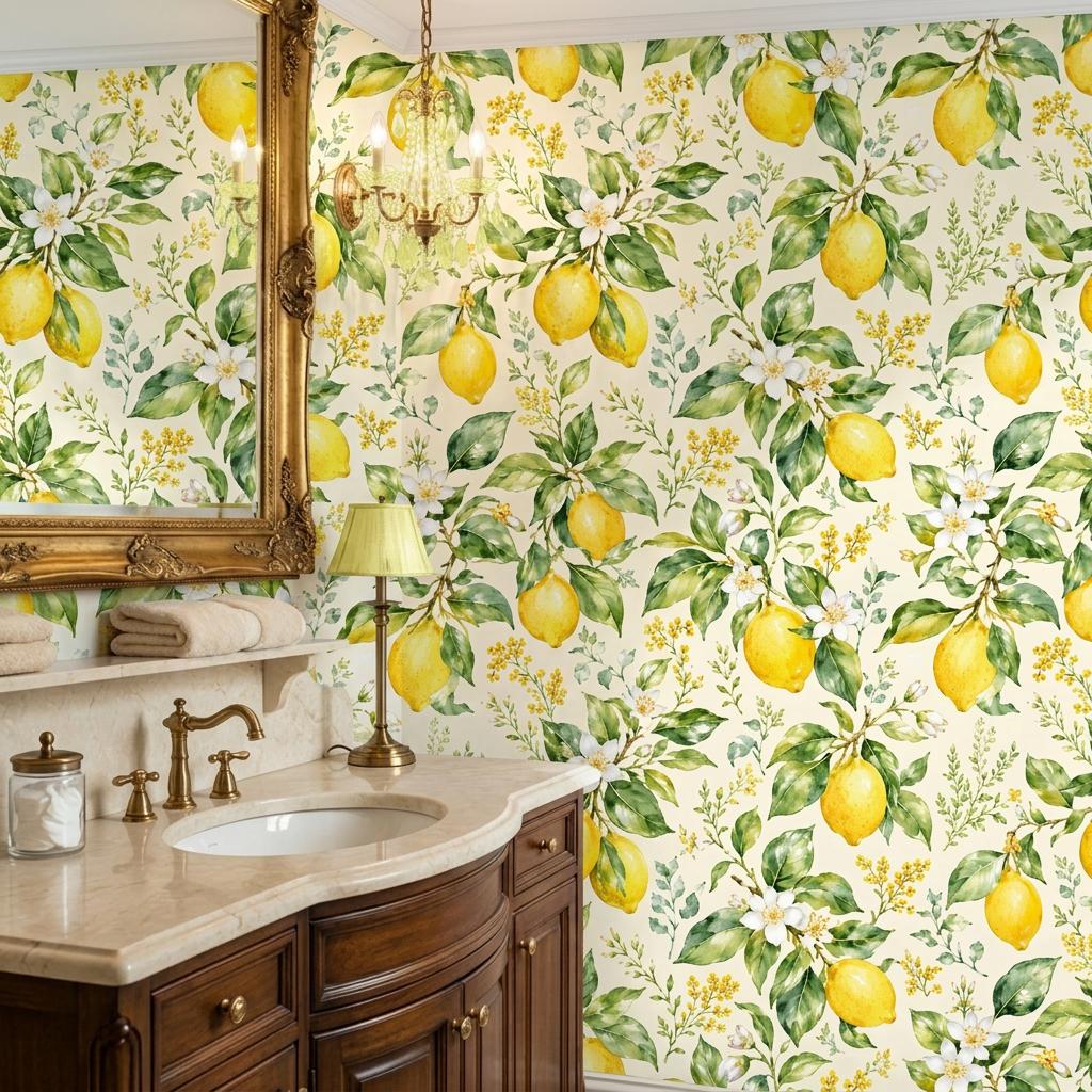 Lemon Wallpaper, Watercolor Citrus Mural-WP0259