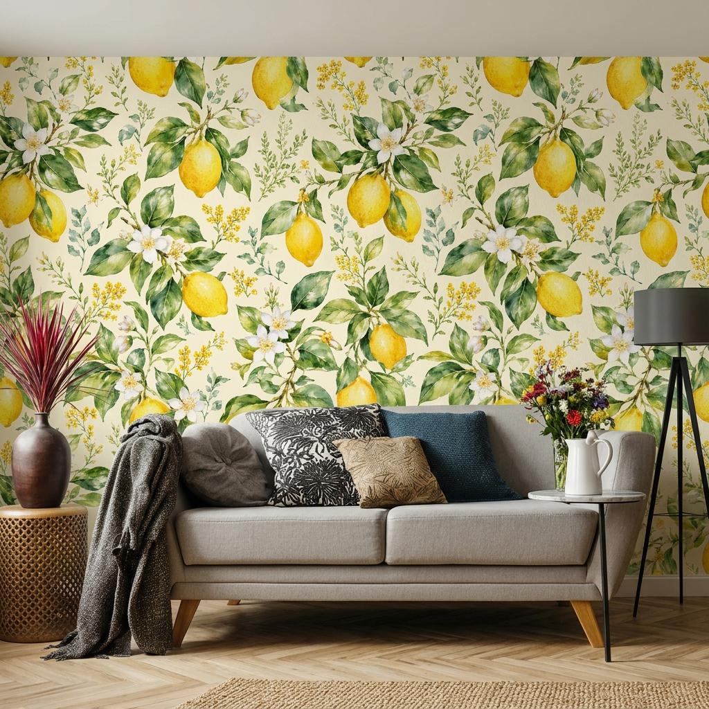 Lemon Wallpaper, Watercolor Citrus Mural-WP0259