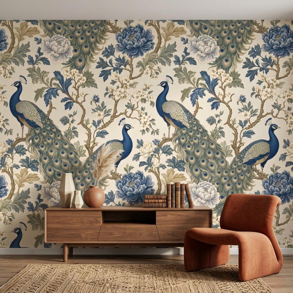 Chinoiserie Peacock Floral Wallpaper, Vintage Peony Mural-WP0236