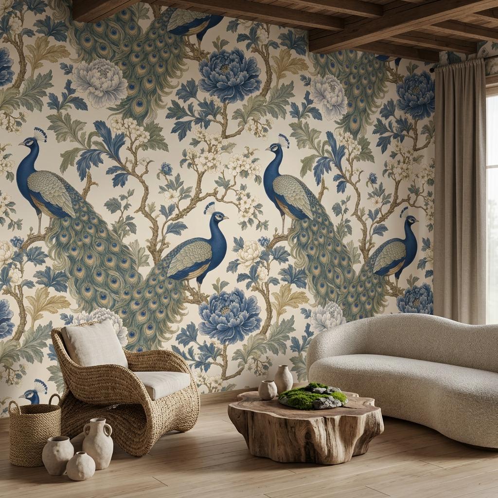 Chinoiserie Peacock Floral Wallpaper, Vintage Peony Mural-WP0236