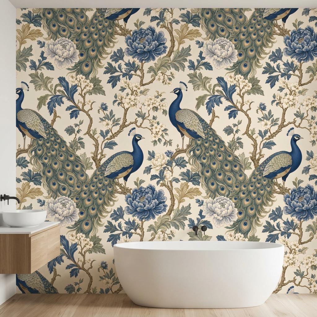 Chinoiserie Peacock Floral Wallpaper, Vintage Peony Mural-WP0236