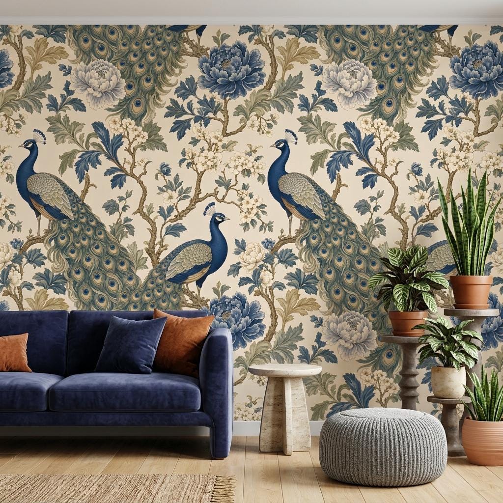 Chinoiserie Peacock Floral Wallpaper, Vintage Peony Mural-WP0236