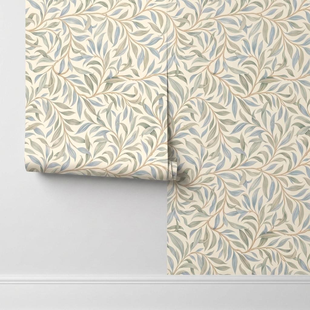 William Morris Style Willow Leaf Wallpaper, Sage Green Botanical Mural-WP0239