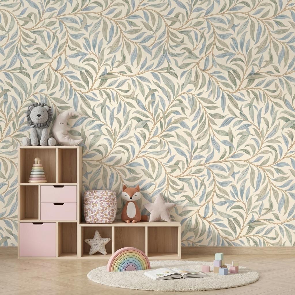 William Morris Style Willow Leaf Wallpaper, Sage Green Botanical Mural-WP0239