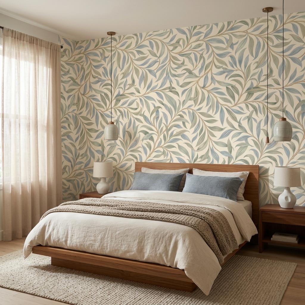 William Morris Style Willow Leaf Wallpaper, Sage Green Botanical Mural-WP0239