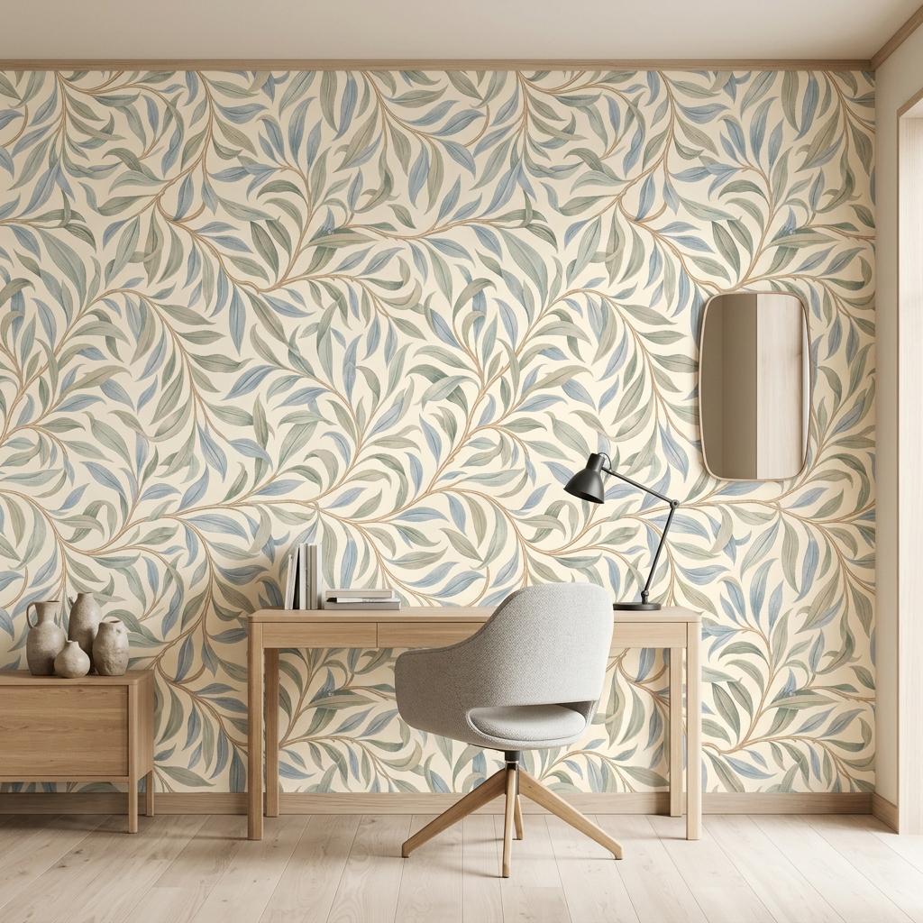 William Morris Style Willow Leaf Wallpaper, Sage Green Botanical Mural-WP0239