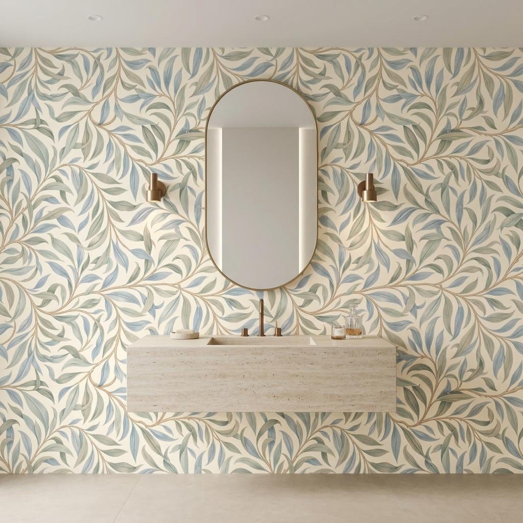 William Morris Style Willow Leaf Wallpaper, Sage Green Botanical Mural-WP0239