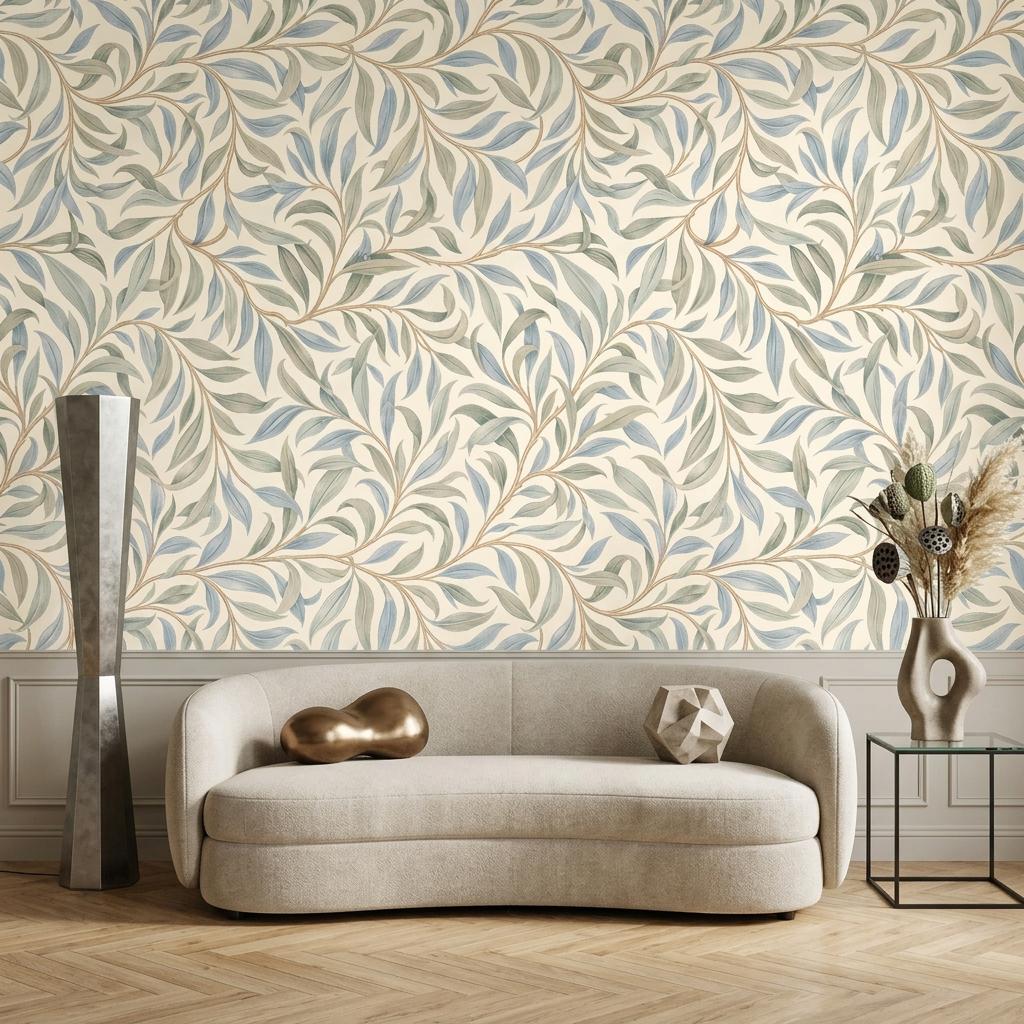 William Morris Style Willow Leaf Wallpaper, Sage Green Botanical Mural-WP0239