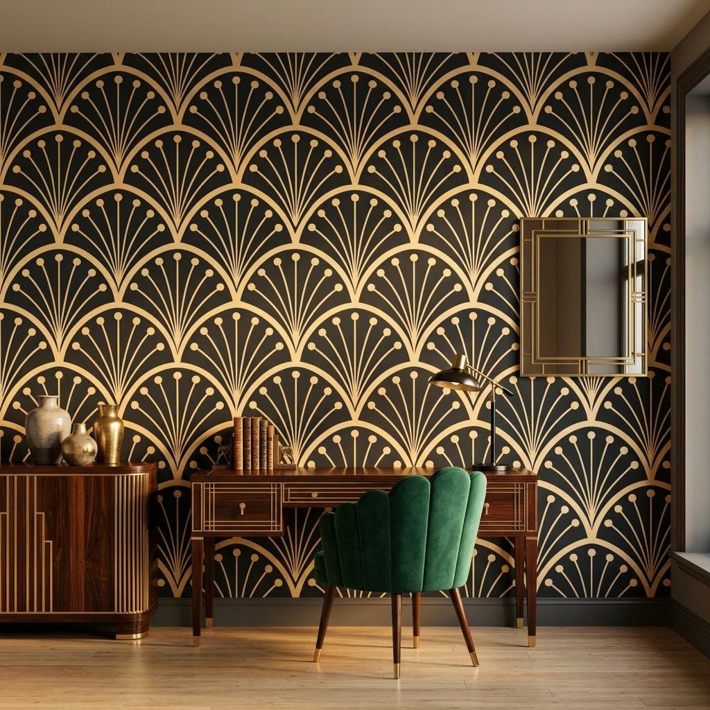 Art Deco Gold Fan Wallpaper, Gatsby Glam Wall Mural-WP0240