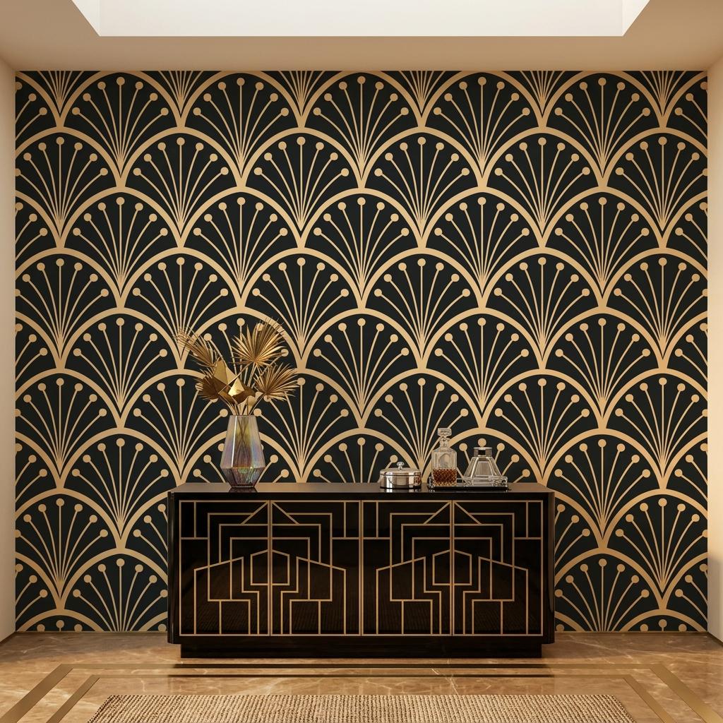 Art Deco Gold Fan Wallpaper, Gatsby Glam Wall Mural-WP0240