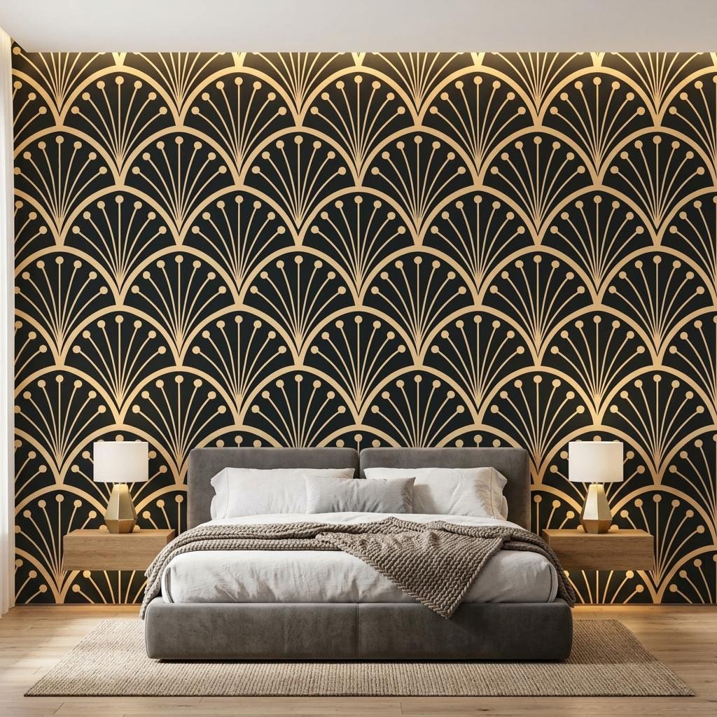 Art Deco Gold Fan Wallpaper, Gatsby Glam Wall Mural-WP0240