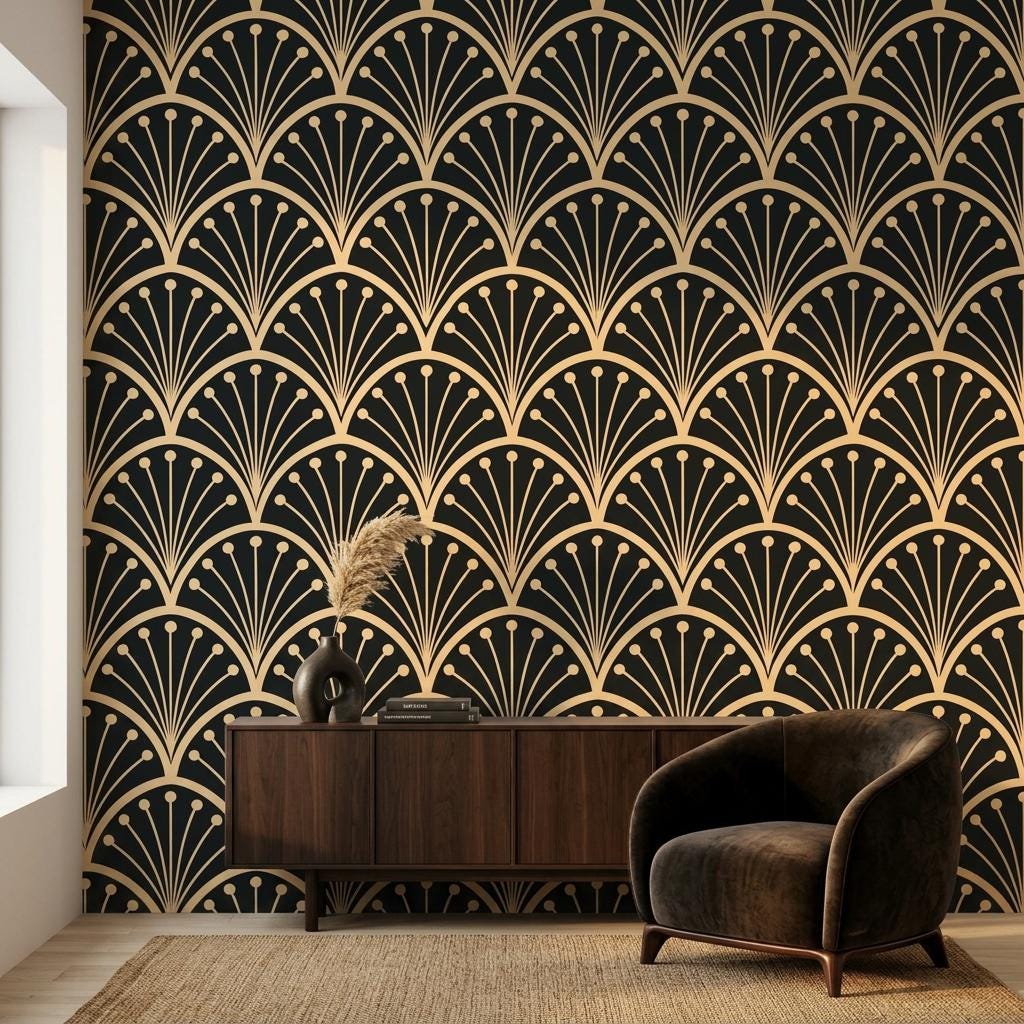 Art Deco Gold Fan Wallpaper, Gatsby Glam Wall Mural-WP0240