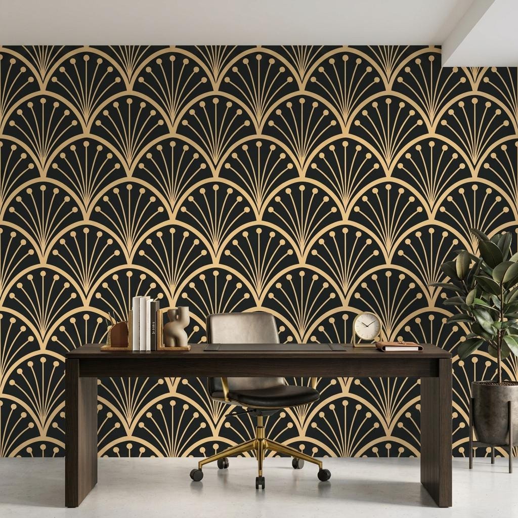 Art Deco Gold Fan Wallpaper, Gatsby Glam Wall Mural-WP0240