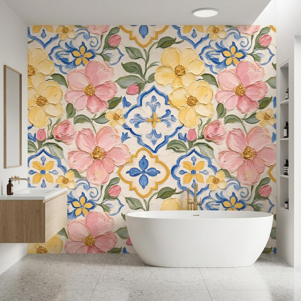 Mediterranean Floral Wallpaper, Painted Tile Mural-WP0241