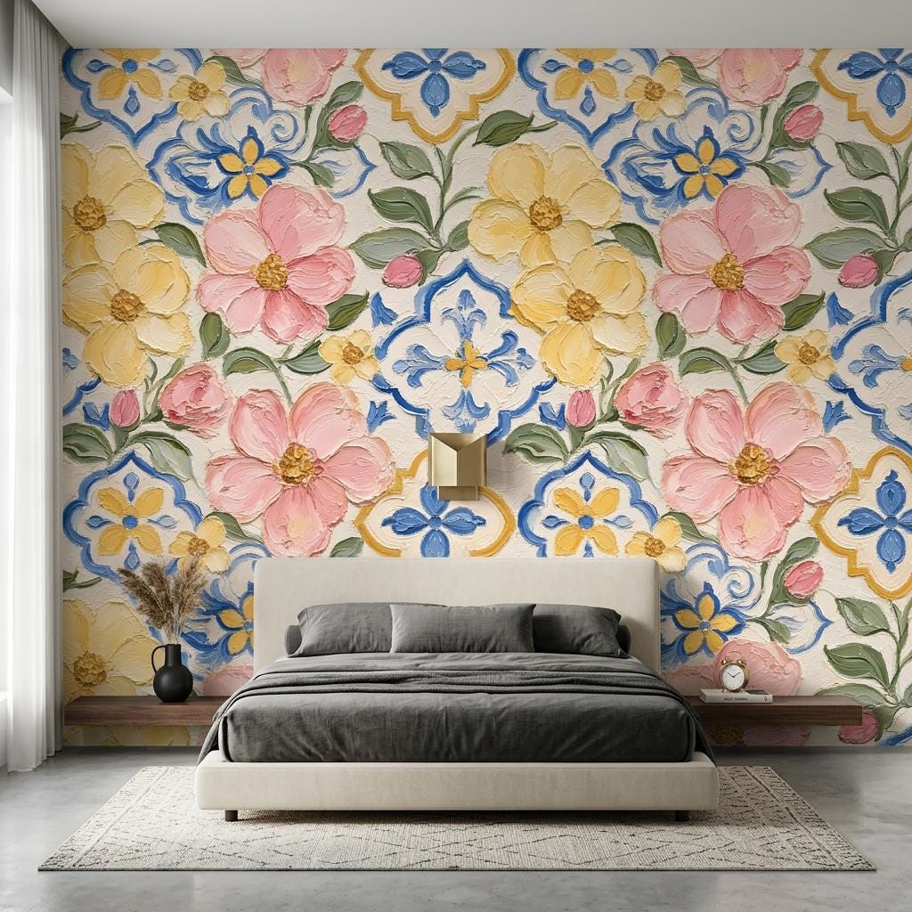 Mediterranean Floral Wallpaper, Painted Tile Mural-WP0241