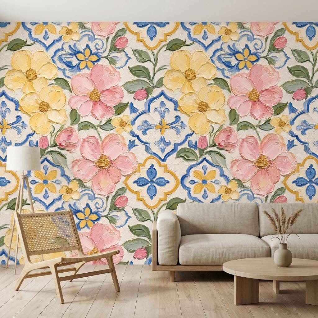 Mediterranean Floral Wallpaper, Painted Tile Mural-WP0241