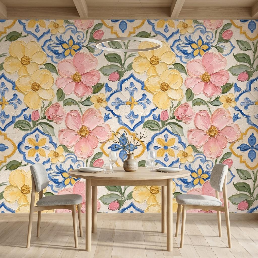 Mediterranean Floral Wallpaper, Painted Tile Mural-WP0241