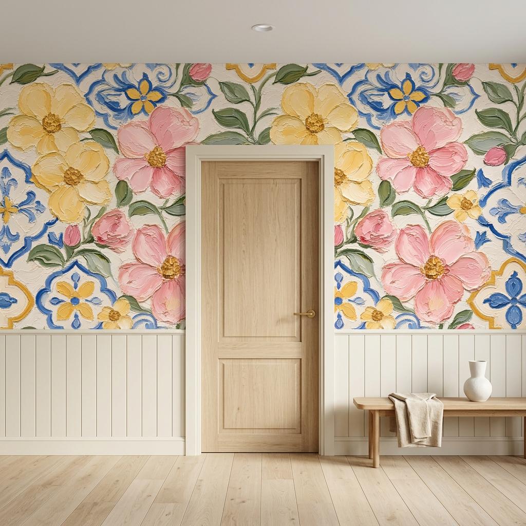 Mediterranean Floral Wallpaper, Painted Tile Mural-WP0241