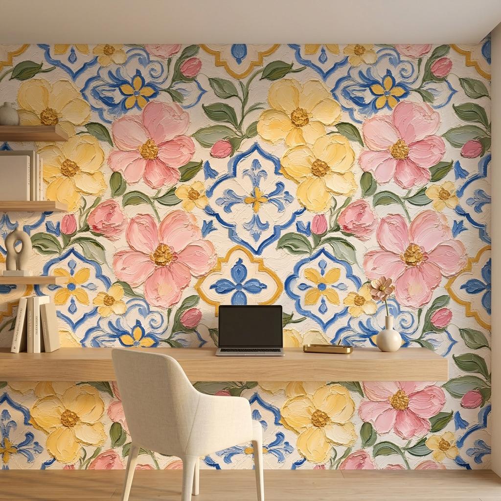 Mediterranean Floral Wallpaper, Painted Tile Mural-WP0241