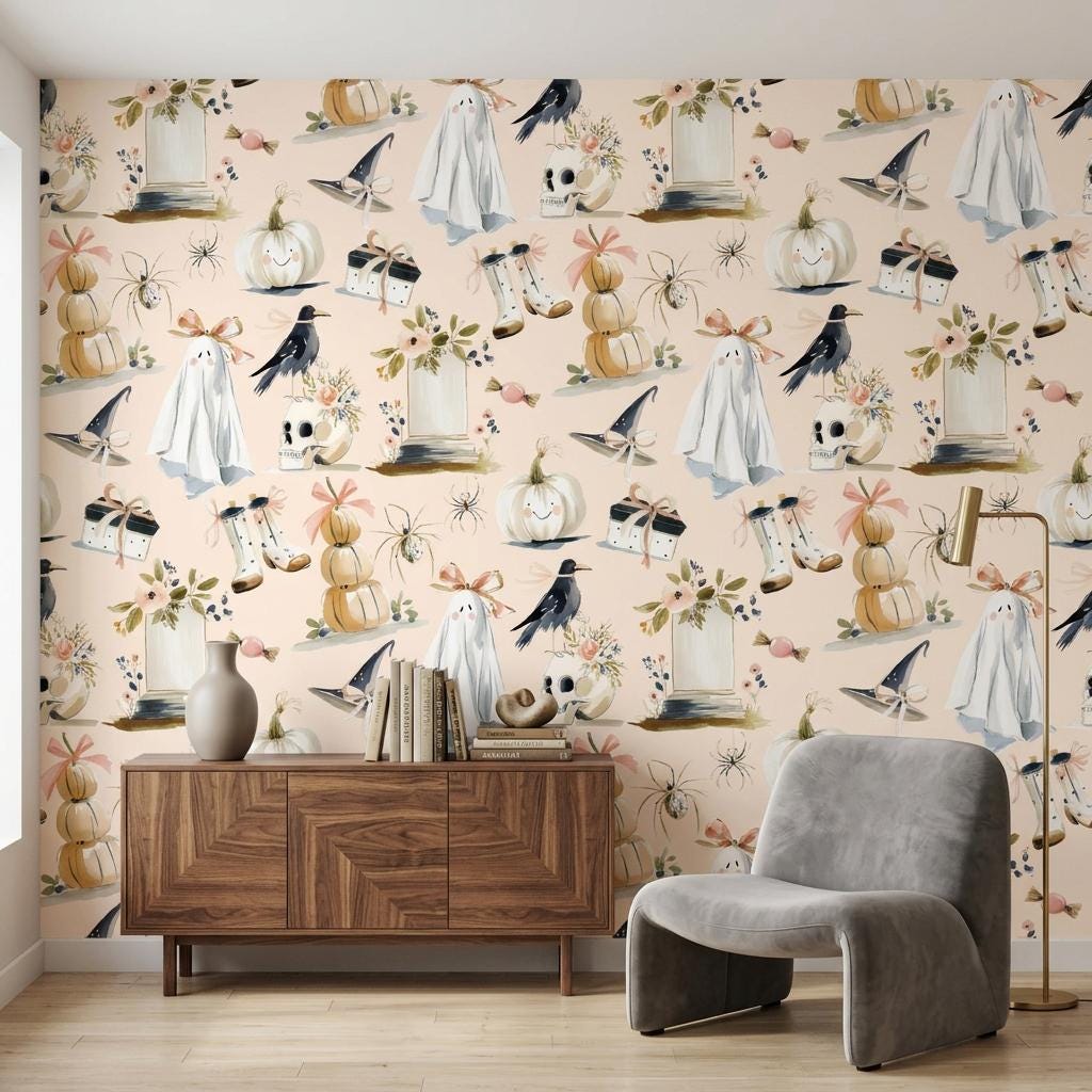 Watercolor Halloween Wallpaper, Pastel Goth Ghost Mural-WP0242
