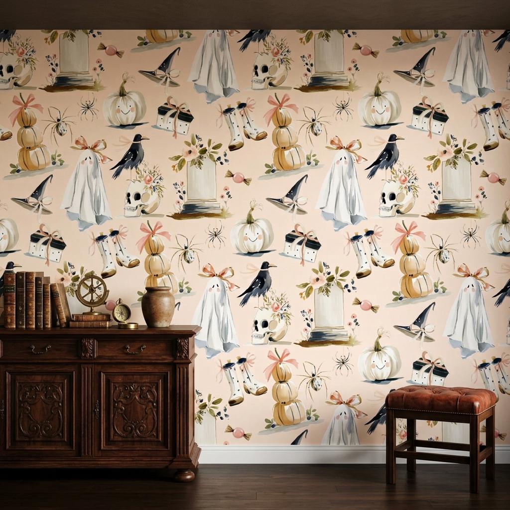 Watercolor Halloween Wallpaper, Pastel Goth Ghost Mural-WP0242