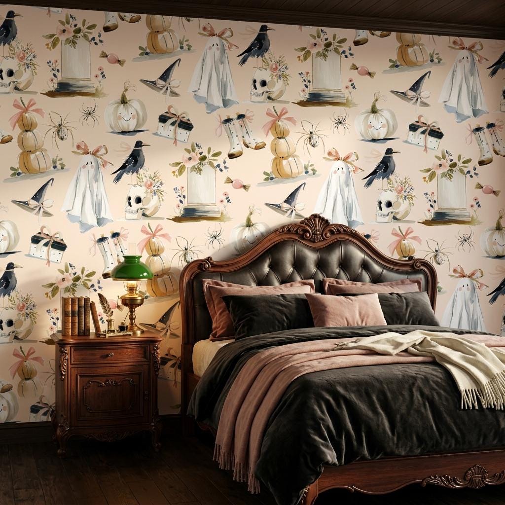Watercolor Halloween Wallpaper, Pastel Goth Ghost Mural-WP0242