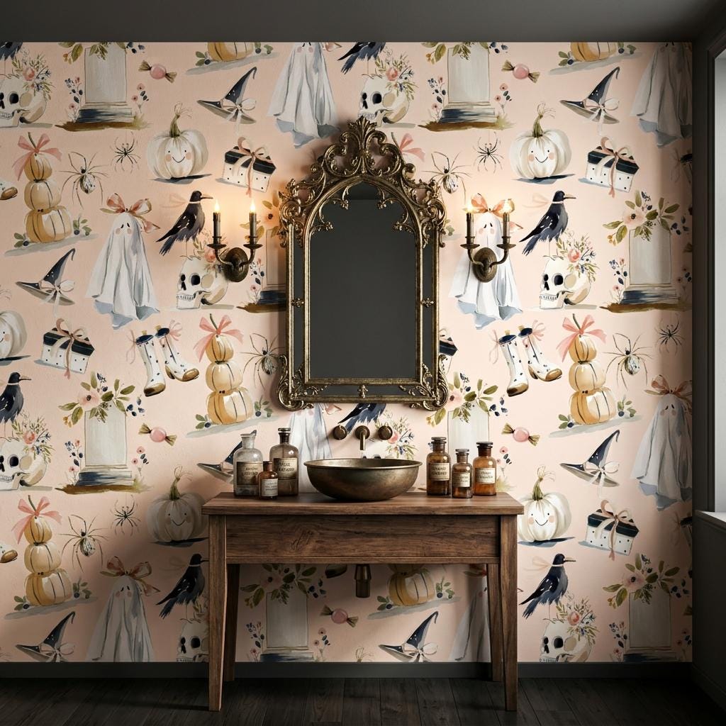 Watercolor Halloween Wallpaper, Pastel Goth Ghost Mural-WP0242