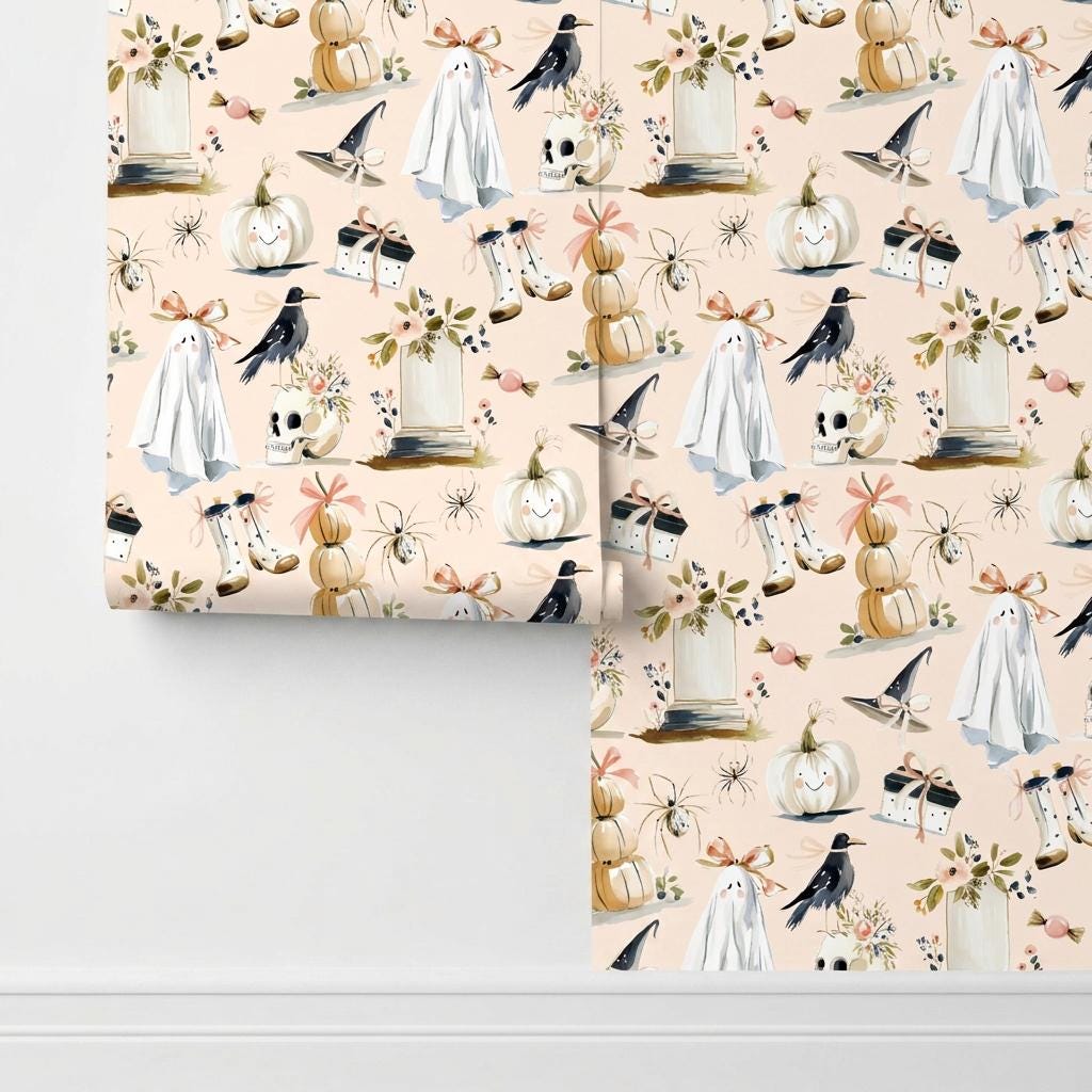 Watercolor Halloween Wallpaper, Pastel Goth Ghost Mural-WP0242