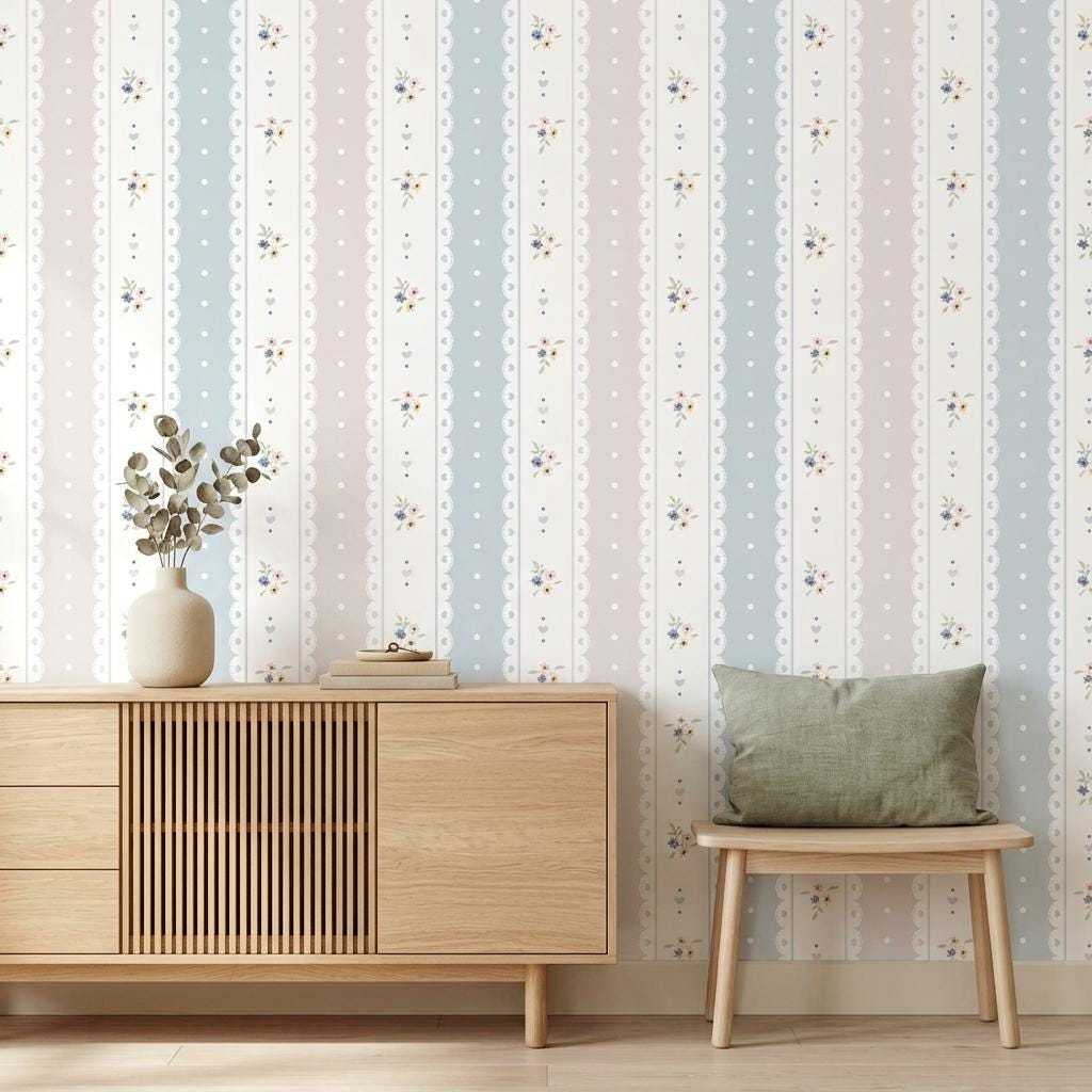 Shabby Chic Floral Striped Wallpaper, Coquette Lace Mural-WP0243