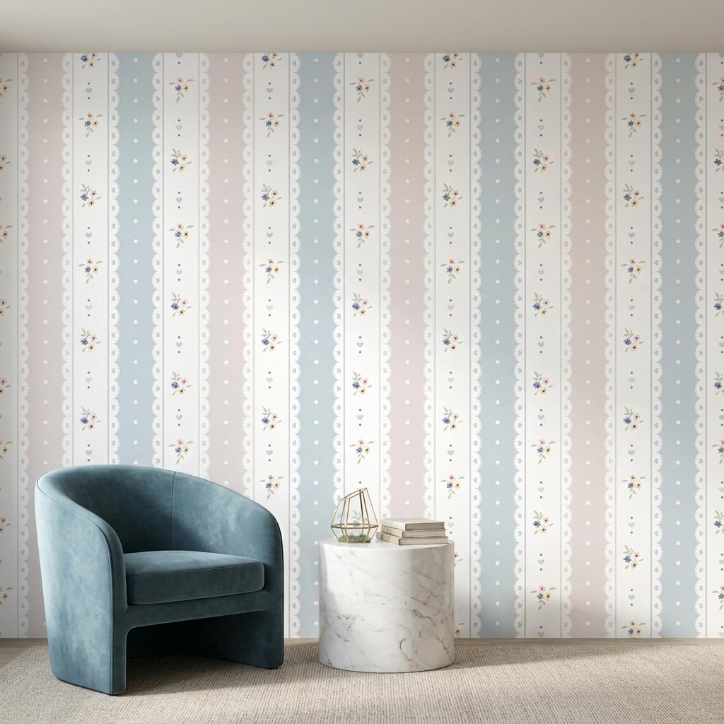 Shabby Chic Floral Striped Wallpaper, Coquette Lace Mural-WP0243