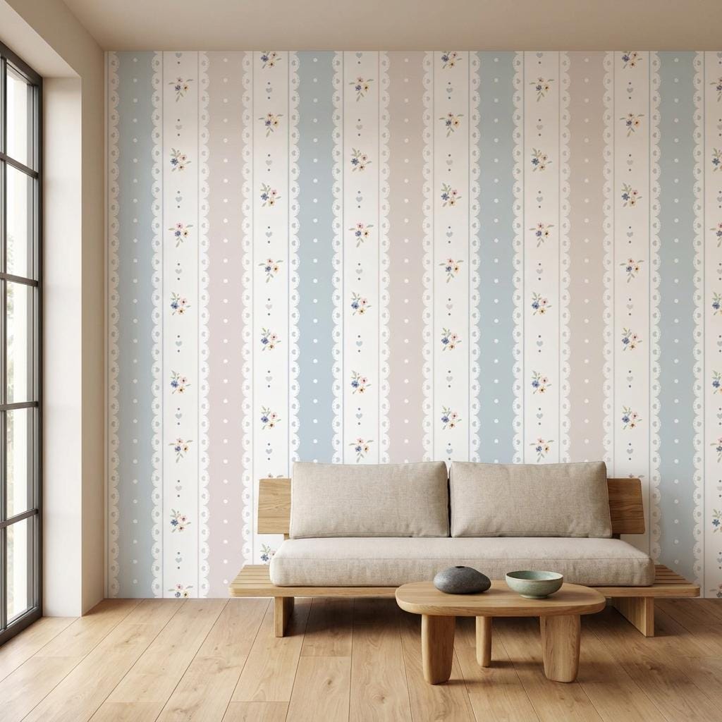 Shabby Chic Floral Striped Wallpaper, Coquette Lace Mural-WP0243