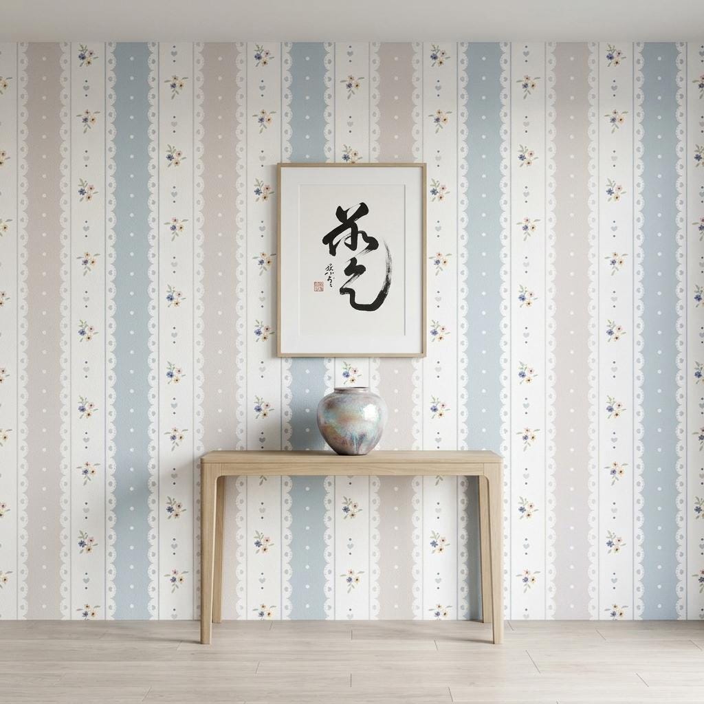 Shabby Chic Floral Striped Wallpaper, Coquette Lace Mural-WP0243