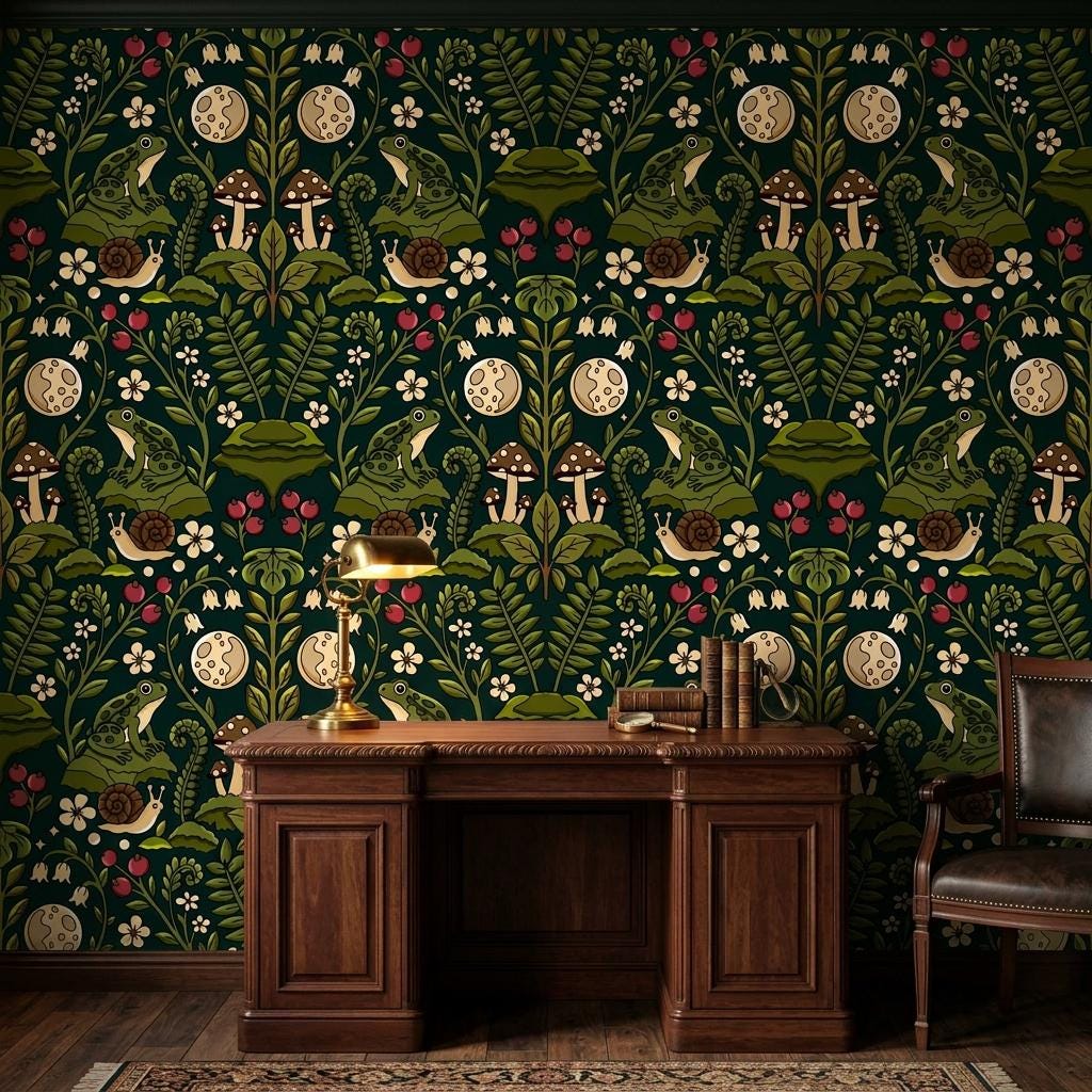Dark Academia Frog Mushroom Wallpaper, Goblincore Mural-WP0244