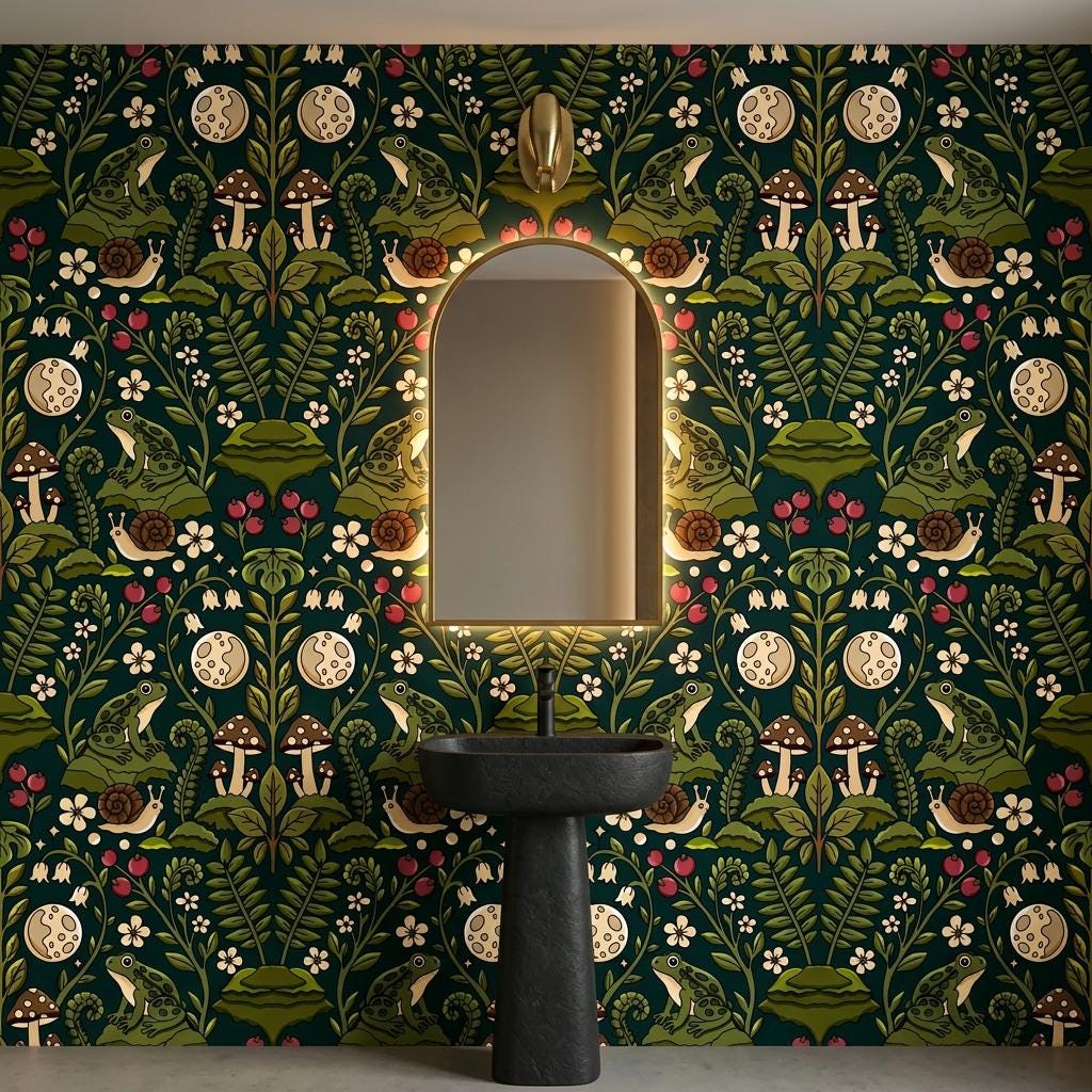 Dark Academia Frog Mushroom Wallpaper, Goblincore Mural-WP0244