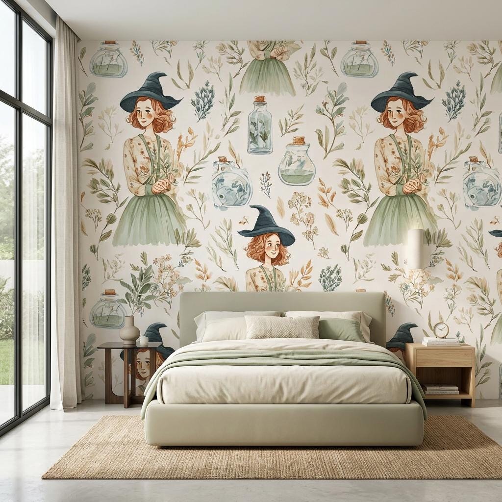 Whimsical Witch Botanical Wallpaper, Cottagecore Mural-WP0246