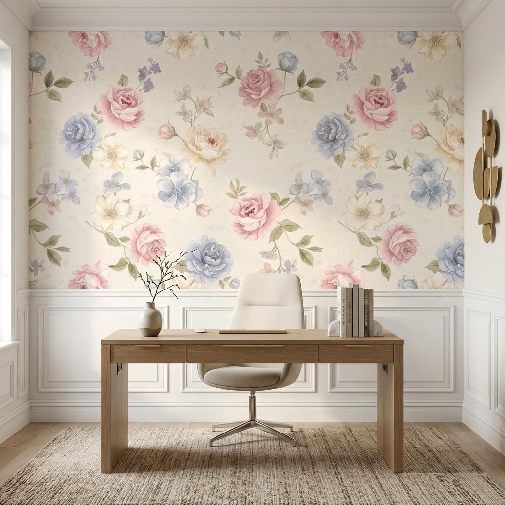 Watercolor Floral Wallpaper, Pink Blue Rose Mural-WP0248