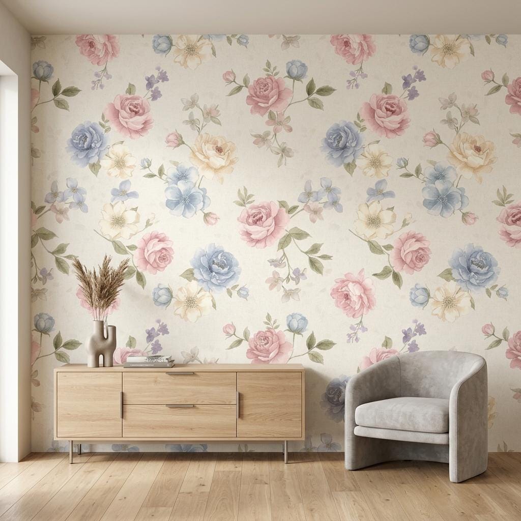 Watercolor Floral Wallpaper, Pink Blue Rose Mural-WP0248